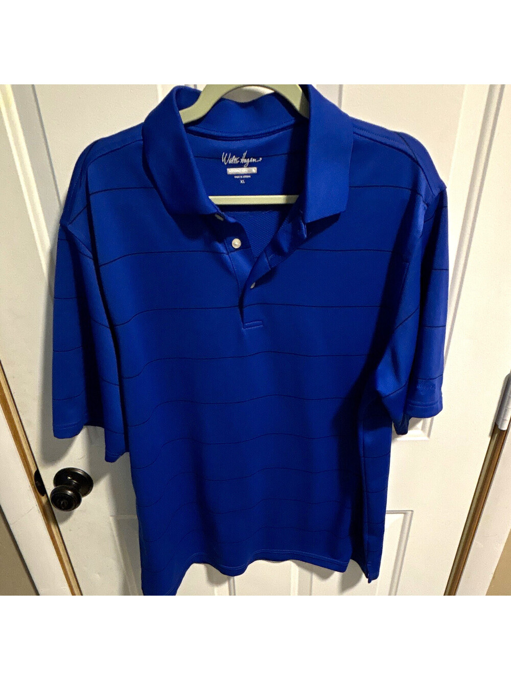 Walter Hagen Hydro-Dri Men’s XL Blue Striped Moisture Wicking Polo Shirt Logo